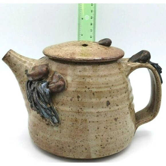 Stoneware Teapot Lid Mustache Ponytail Vintage 1970s Artist Signed Bottom 5 Inch - Picture 3 of 14